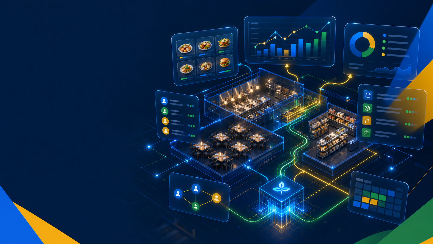 Abstract restaurant operations command center with data panels