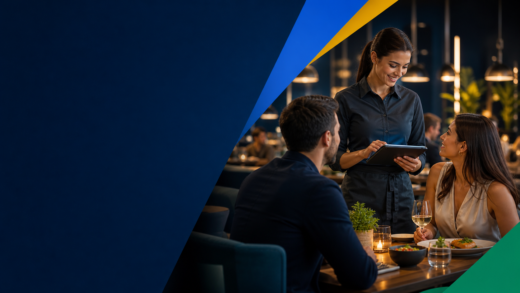 Restaurant server taking an order at the table with a tablet